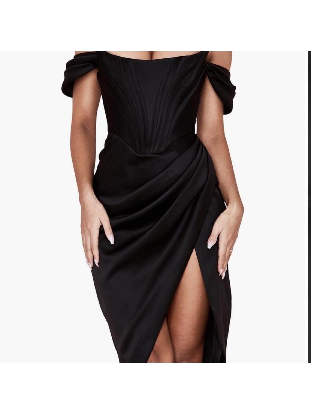 House of CB Black Satin Maxi Dress Ruched Corset Bodice Women's Size S